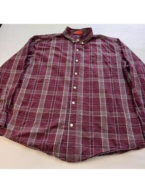 St. Johns Bay Men's Button Down Collared Shirt Burgundy Plaid Comfort Stretch L